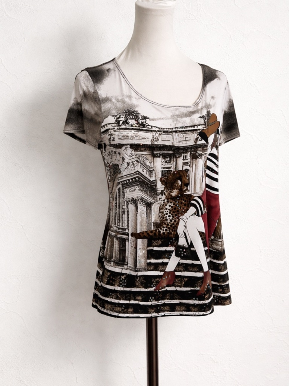 Vintage Paris Graphic Tee Sequin Top Chic Street Style Art Shirt L